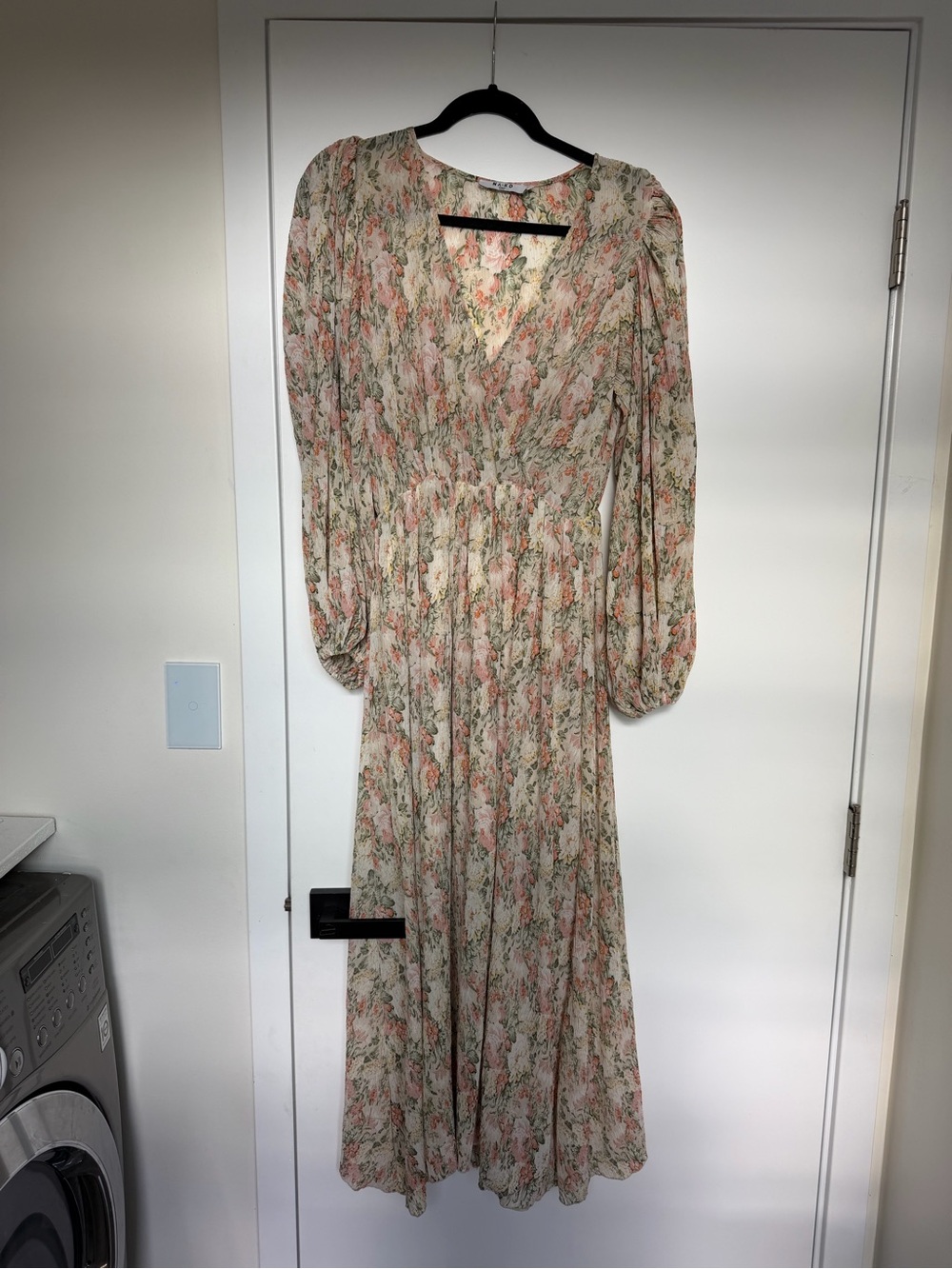 Floral Long Sleeve V-Neck Maxi Dress - Cream/Pink bohemian